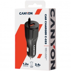Canyon Φορτιστής Αυτοκινήτου 2.4A, + μια Θύρα USB, κι Ενσωματωμένο Καλώδιο Lightning, Μαύρο, C-033